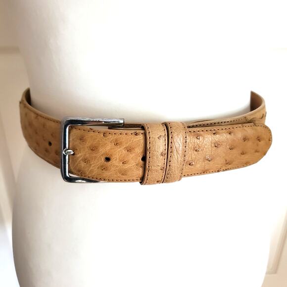 Nocona Tan Ostrich Pattern Leather Belt Western Boho Size 30 Silver Tone Buckle - Picture 1 of 9